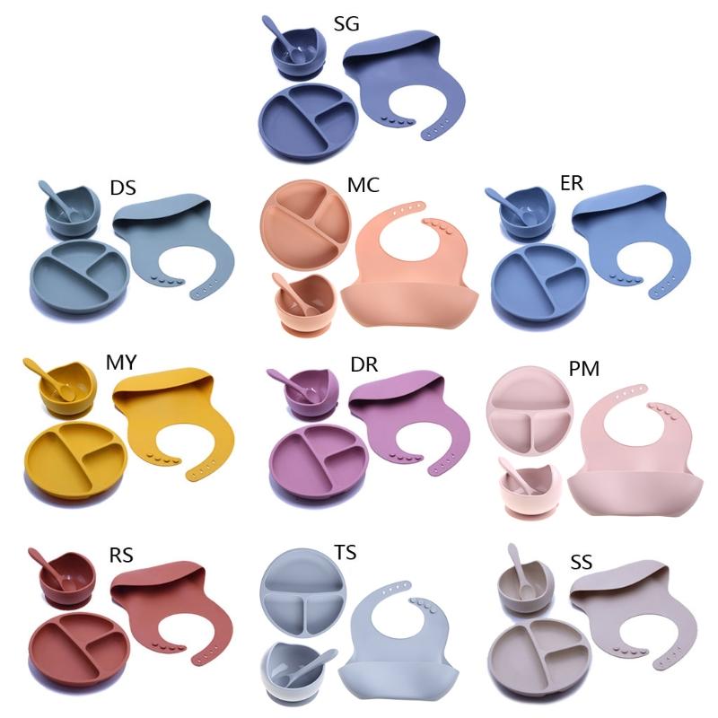 4 Không Chứa BPA Silicone Cho Bé Bộ Đồ Ăn Yếm Chống Thấm Màu Đĩa Dùng Tiệc Hút Bát Thìa Ăn Cho Trẻ Em
