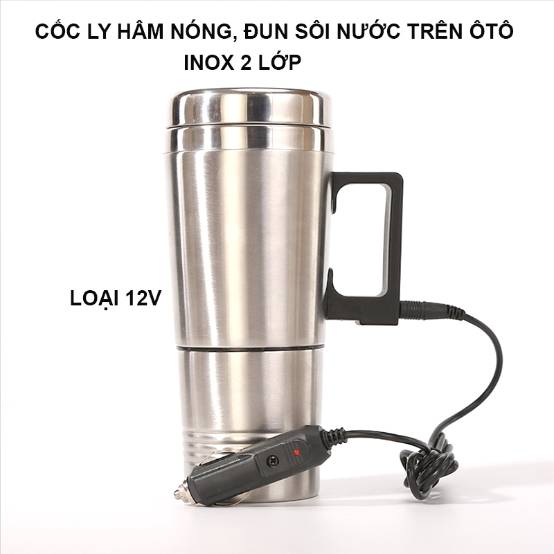 Cốc ly hâm nóng, đun nước sôi trên xe hơi loại 12V-WK201, bằng inox 2 lớp, có đế làm cốc ly uống nước