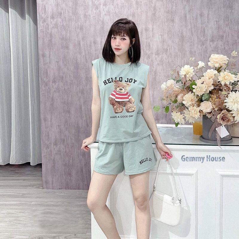 Bộ đùi mặc nhà nữ mùa hè sát nách , đồ bộ bigsize chất cotton xịn in hình gấu Helo Joy đi chơi,dạo phố,yoga đều được