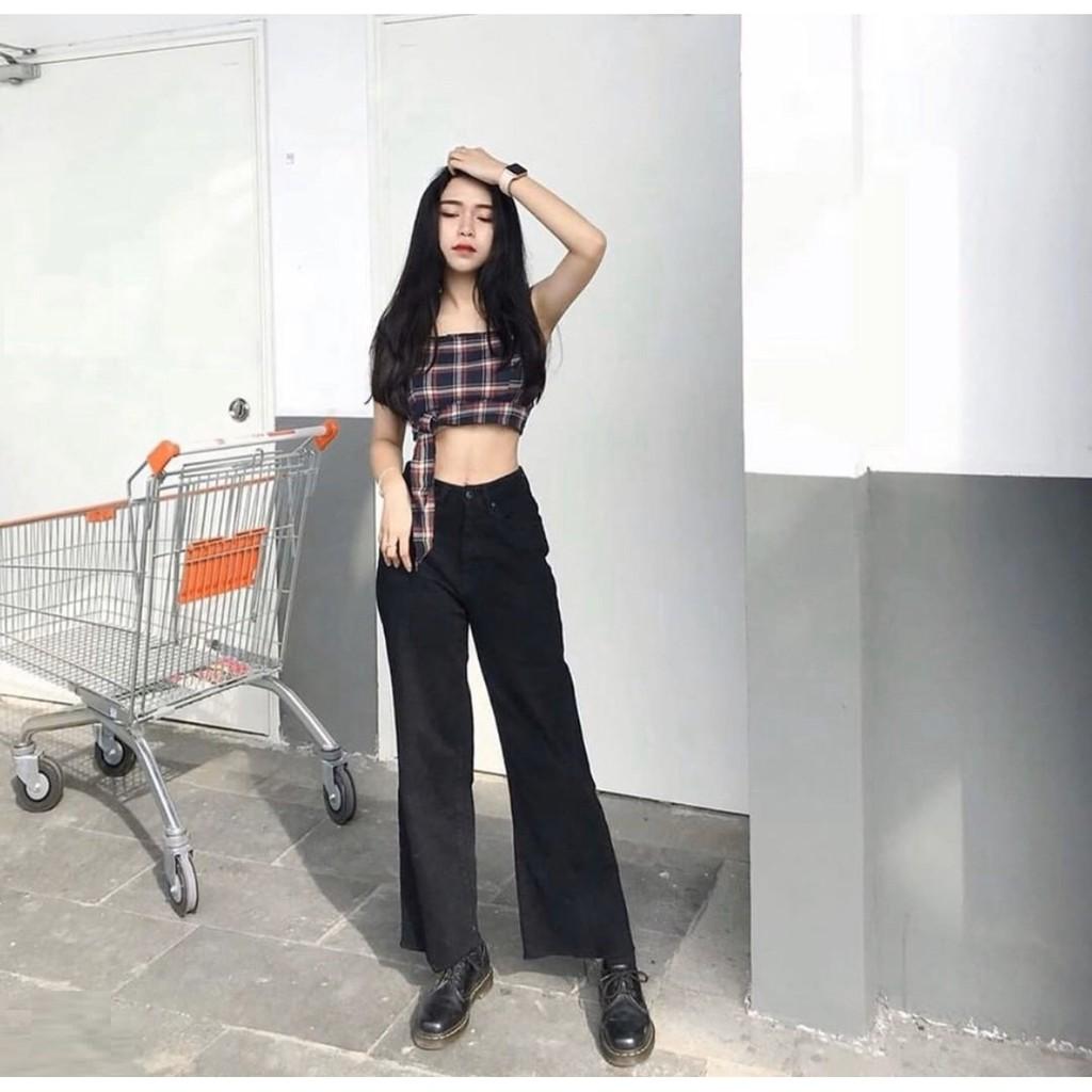 QUẦN JEAN DÀI ỐNG RỘNG LƯNG CAO TRƠN ĐEN BASIC - QUẦN BÒ NỮ CULOTTES SUÔNG N - T 40