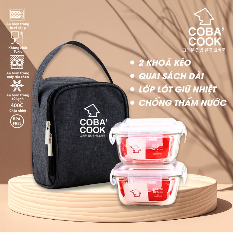 Bộ hộp đựng cơm thủy tinh chịu nhiệt hộp trữ thức ăn COBA'COOK 2 hộp vuông 520ml 1 túi giữ nhiệt hình vuông - CCS52BS