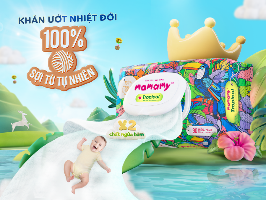 Khăn ướt Mamamy Tropical 90 tờ - 100 % sợi tự nhiên ngừa hăm , rôm sảy