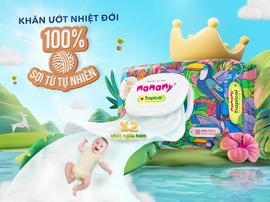 Khăn ướt Mamamy Tropical  90 tờ - 100 % sợi tự nhiên ngừa hăm , rôm sảy