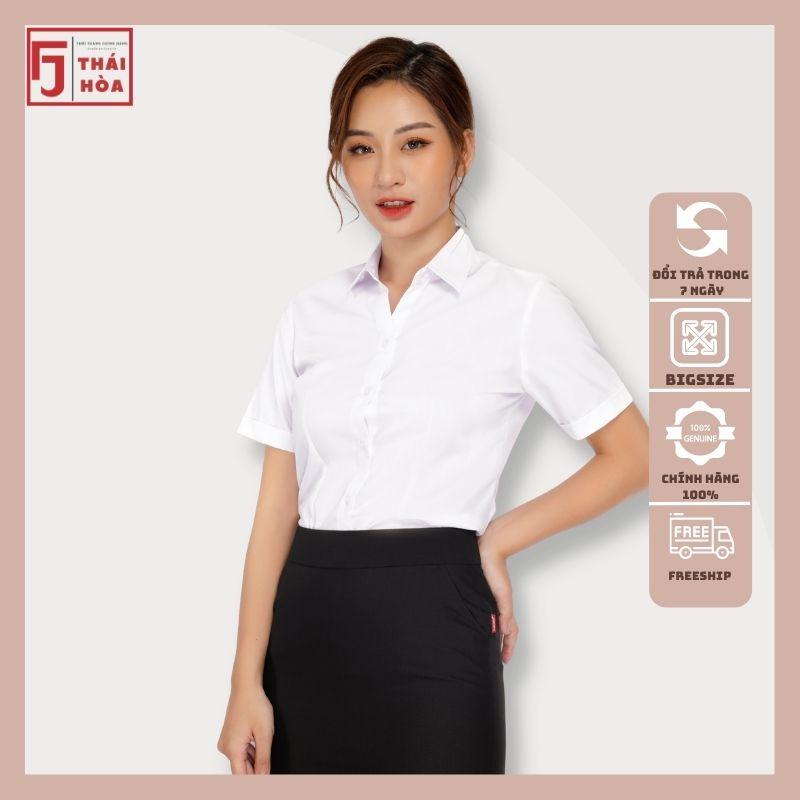 Áo sơ mi nữ tay ngắn Thái Hoà kiểu công sở đi học bigsize vải cotton màu trắng N047-01-01