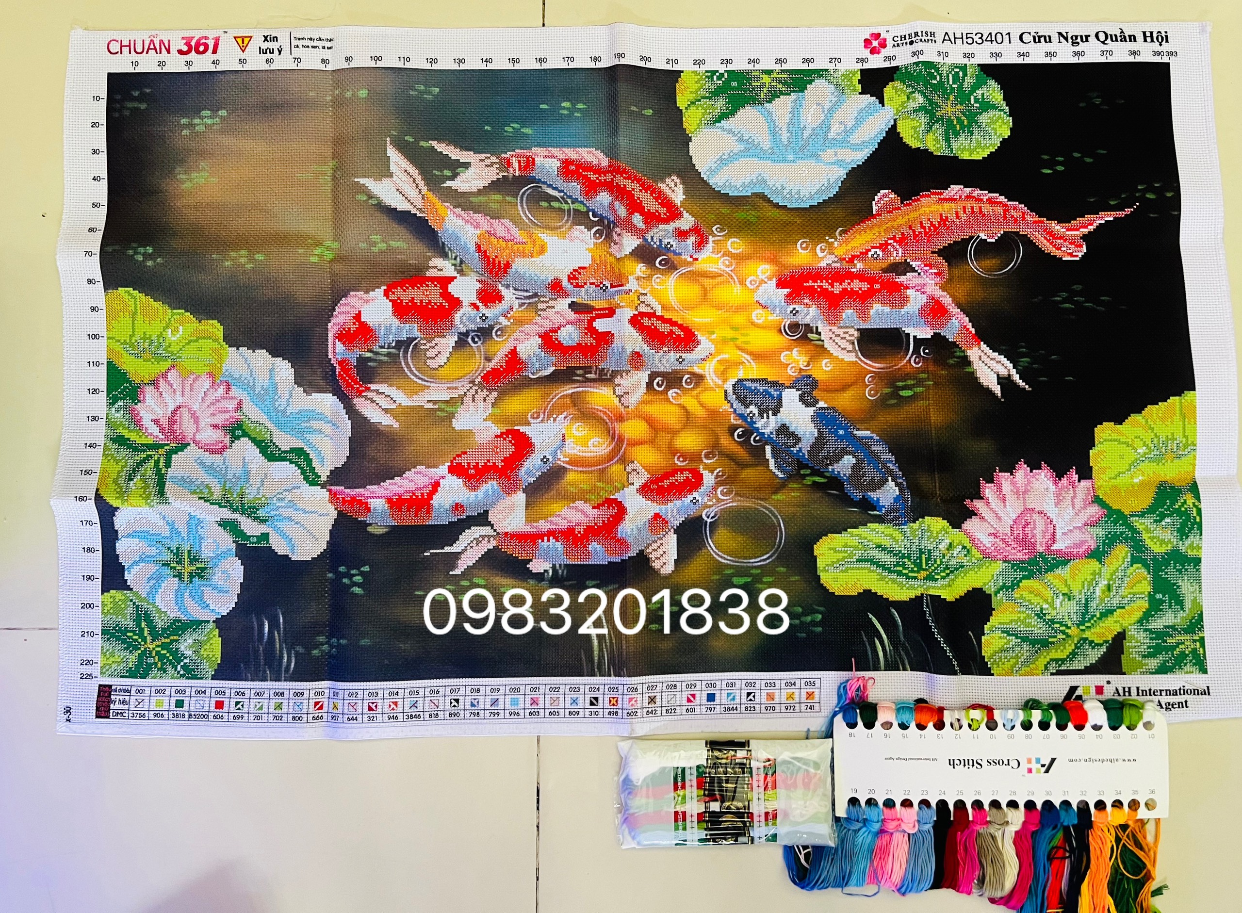 Tranh thêu chữ thập cửu ngư quần hội - 9 con cá AL53401