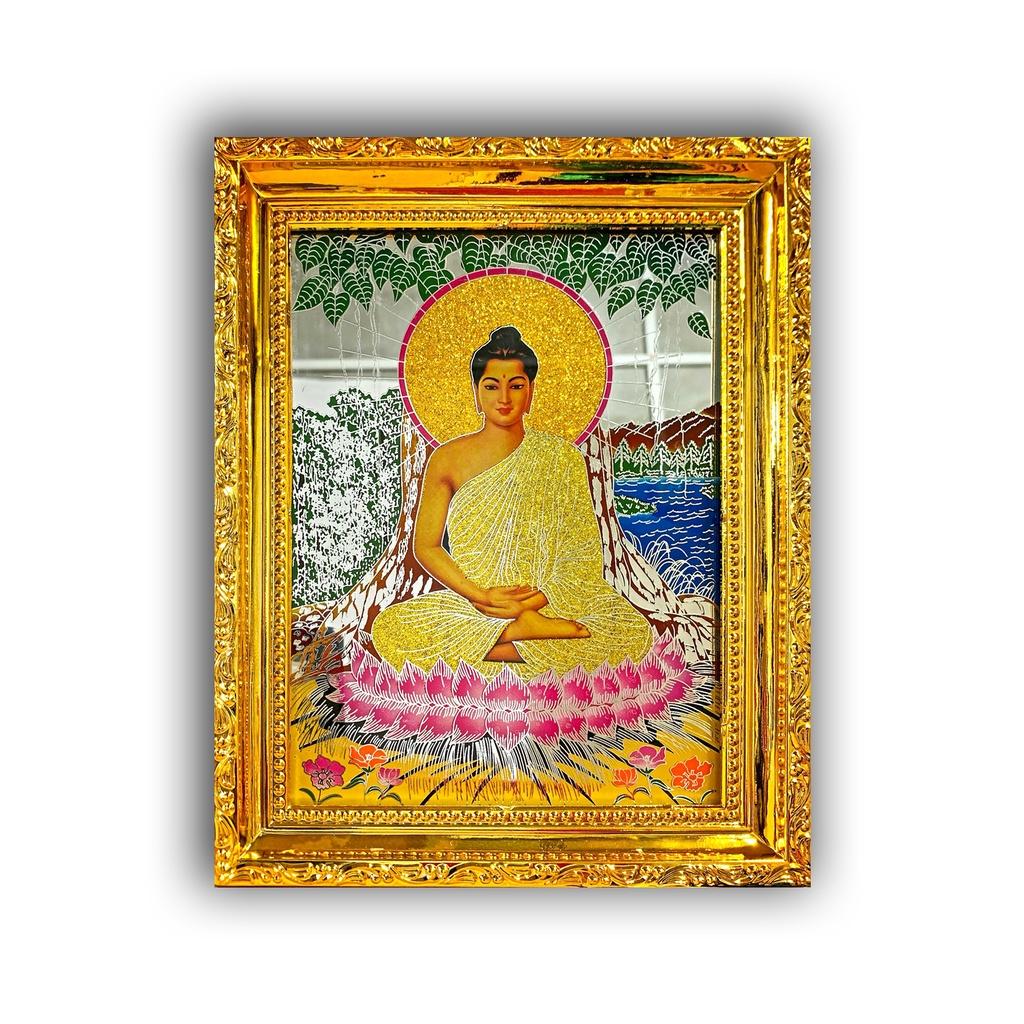 Tranh Kiếng Thích Ca Mâu Ni chạm - Nền Gương - Khung nhựa cứng loại tốt mạ vàng xi