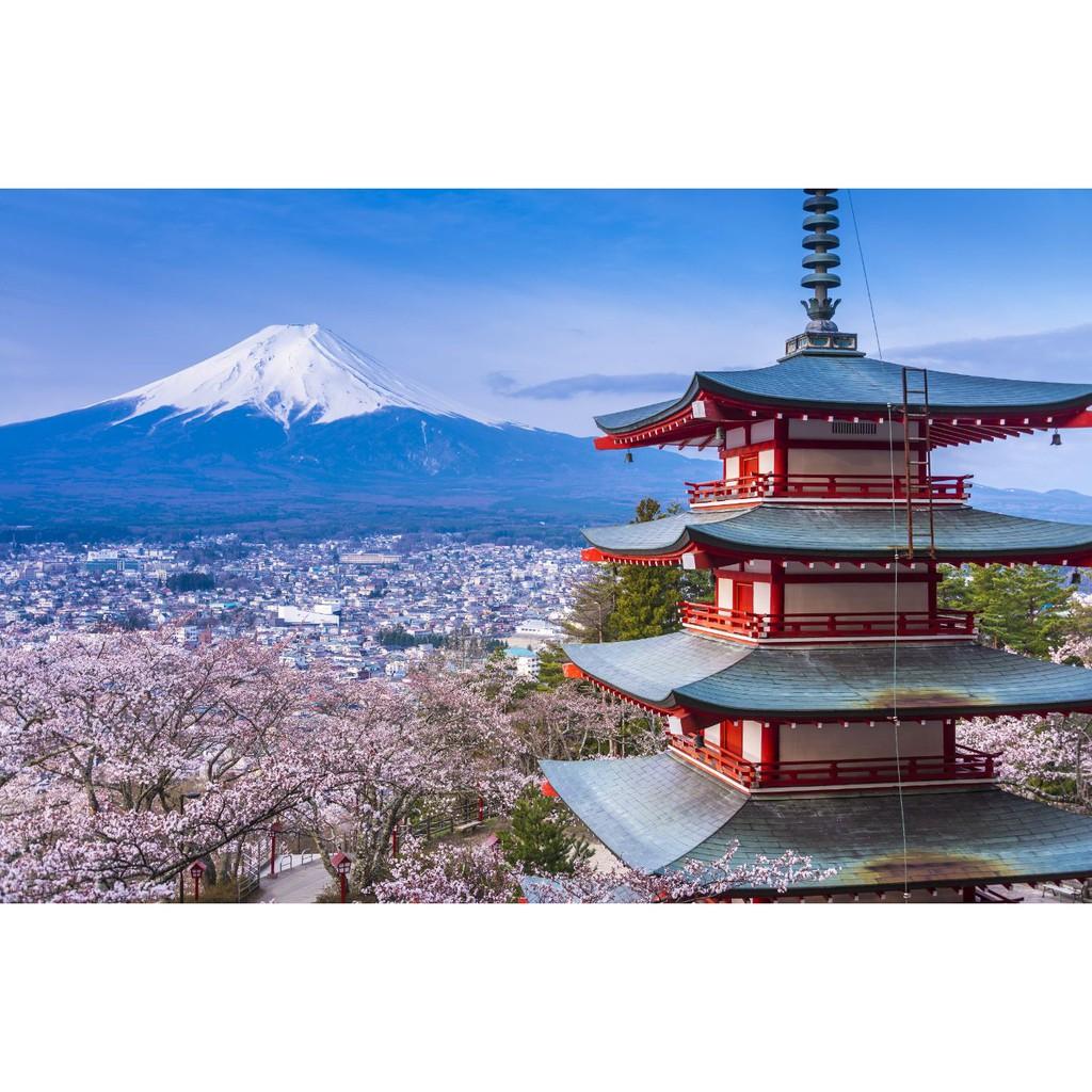 Tranh dán tường 3D phong cảnh nhật bản - núi phú sỹ- vải lụa kim sa - kích thước theo yêu cầu