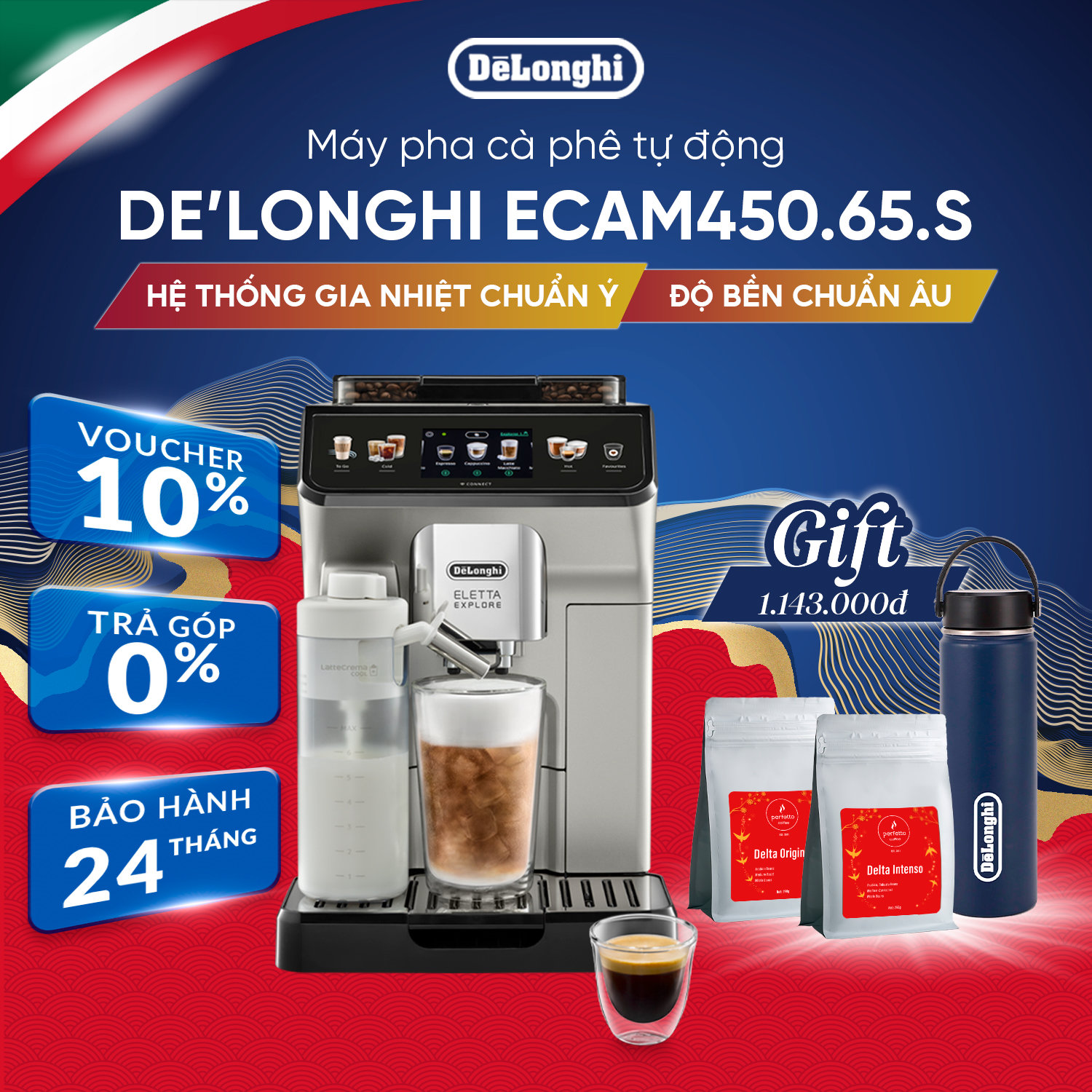Máy pha cà phê tự động DeLonghi Eletta Explore ECAM450.65.S - Hàng Chính Hãng