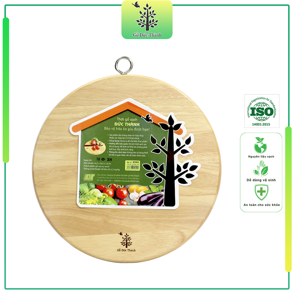 Thớt gỗ hình tròn có khoen - Size trung 25 x 25 x 1.8 - Gỗ Đức Thành - 01051 - Đạt chứng nhận vệ sinh an toàn thực phẩm