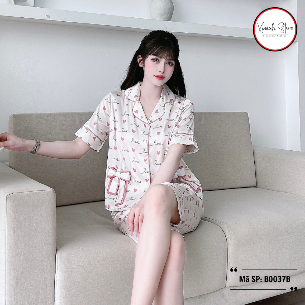 Bộ pijama nữ áo cộc quần ngố họa tiết túi nơ nhiều màu chất lụa cao cấp Xumaki Store BO037B