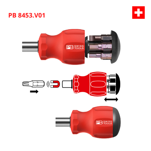 Tua Vít Lùn PB Swiss Tools 8453.V01 CN Gồm 6 Mũi Bits Gắn Sẵn Trong Tay Cầm Sản Xuất Tại Thụy Sỹ
