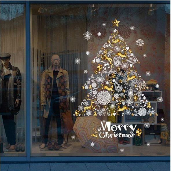 Decal trang trí Noel - Cây Thông Trắng Tuần Lộc Vàng GS010