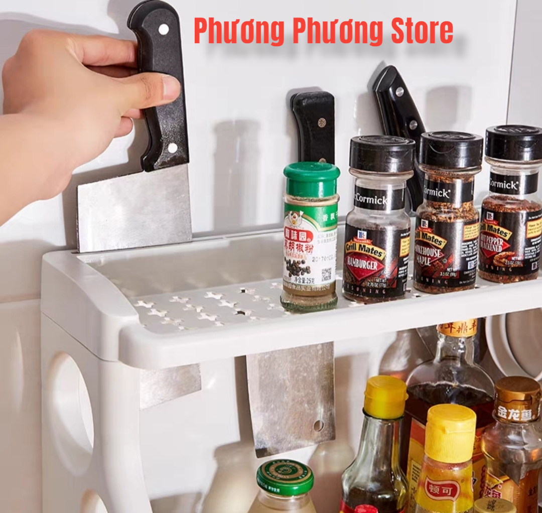 Kệ Gia Vị 2 Tầng Để Bàn Đa Năng Cao Cấp, Kệ nhà Bếp Có Khe cắm Dao Để Thớt Và Giỏ Đựng Đũa
