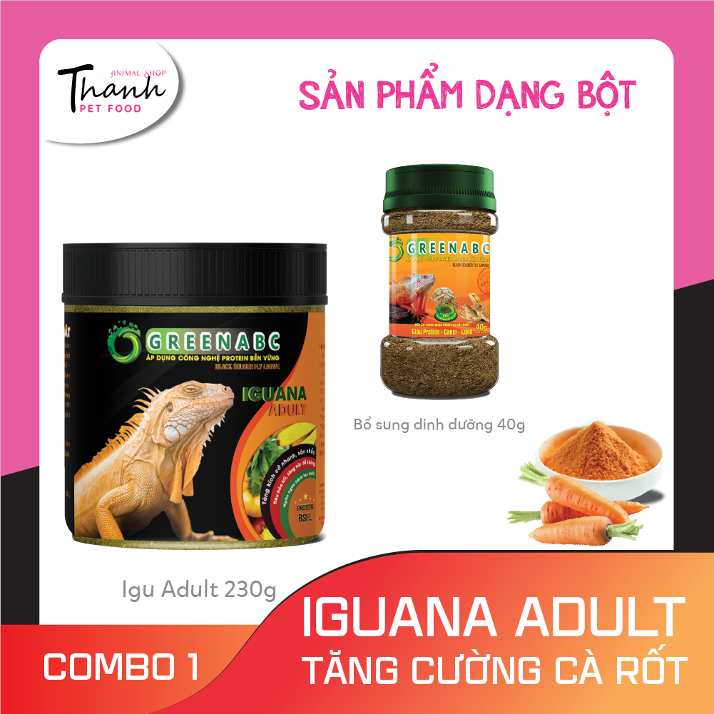 Thức ăn bò sát Iguana Trưởng Thành nhãn GREENABC vị cà rốt dùng cho Iguana từ 1m trở lên – Gai bung, gù cao, dáng đẹp, lên màu tươi - Hộp 230g