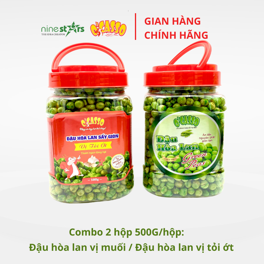 Combo 1kg Đậu Hòa Lan Sấy Giòn Vị Tỏi Ớt_Đậu Hòa Lan Sấy Giòn Vị Muối O'Casso (500g/hộp)