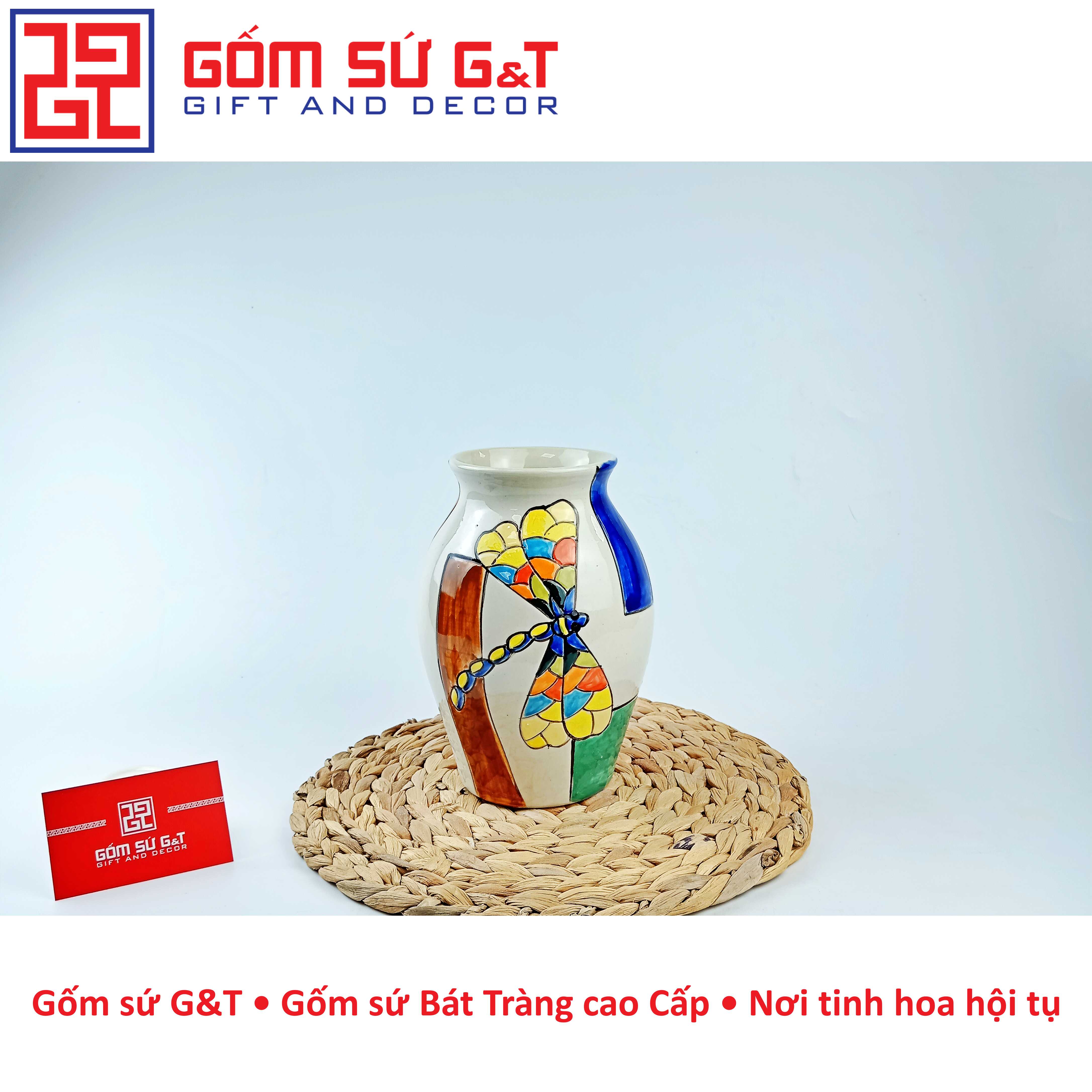 Lọ hoa dáng đu đủ khắc chuồn xanh Gốm Sứ G&amp;T