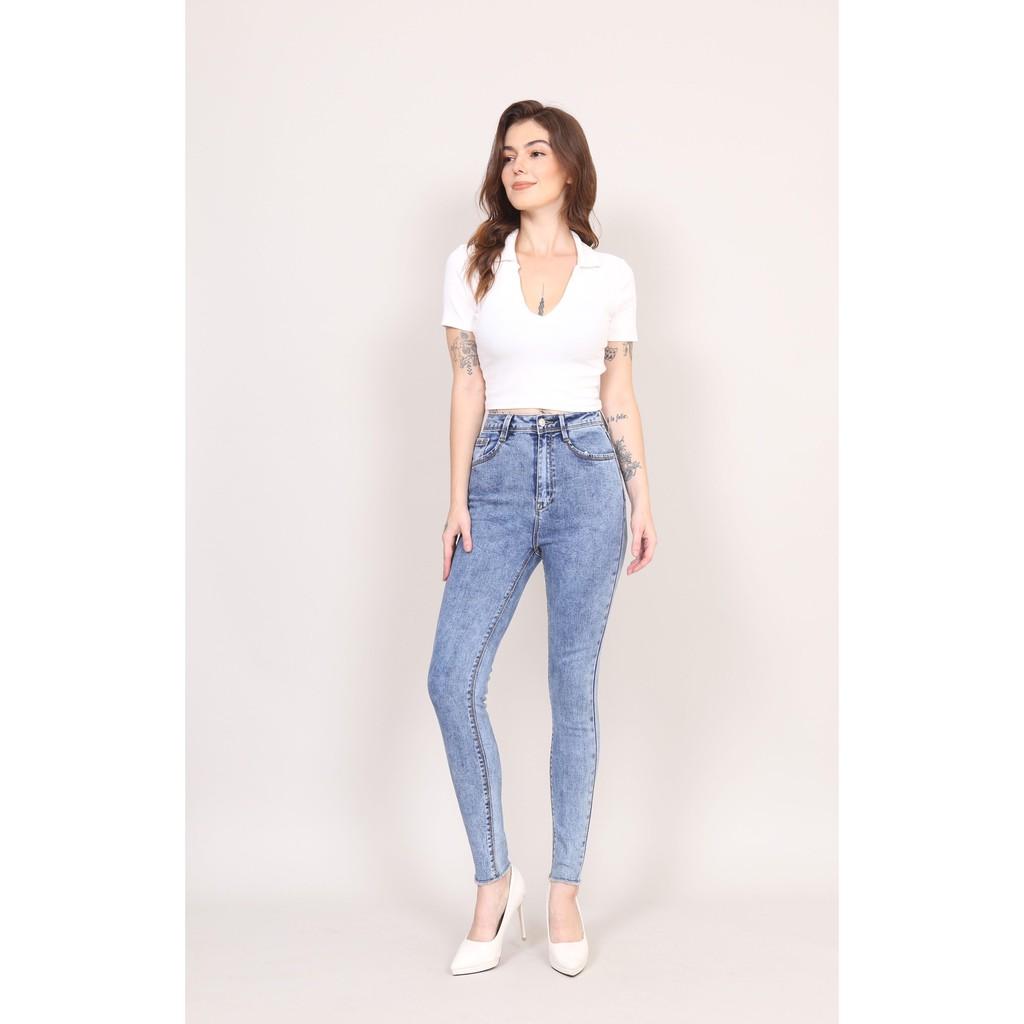 Quần Jean Nữ Skinny xanh đá Cạp Cao co giãn Gấu Tua Rua CT JEANS