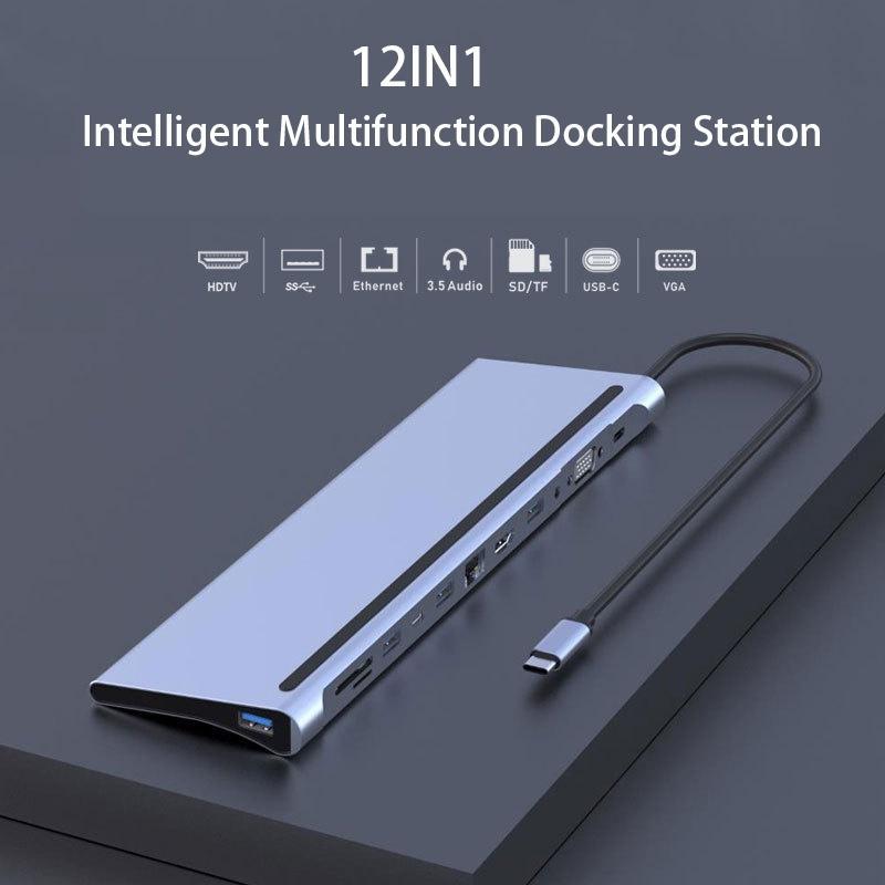Bộ Chuyển Đổi 12 Trong 1 Type-C Sang HDMI 4k Rj45 VGA PD Đầu Đọc Thẻ SD / TF USB3.0 USB C Hub Cho Laptop PC