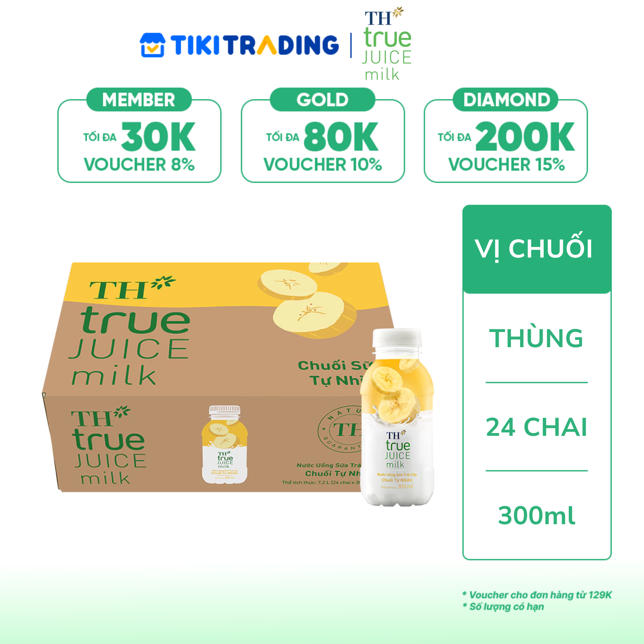 Thùng 24 chai nước uống sữa trái cây TH true JUICE milk hương vị chuối tự nhiên 300 ml