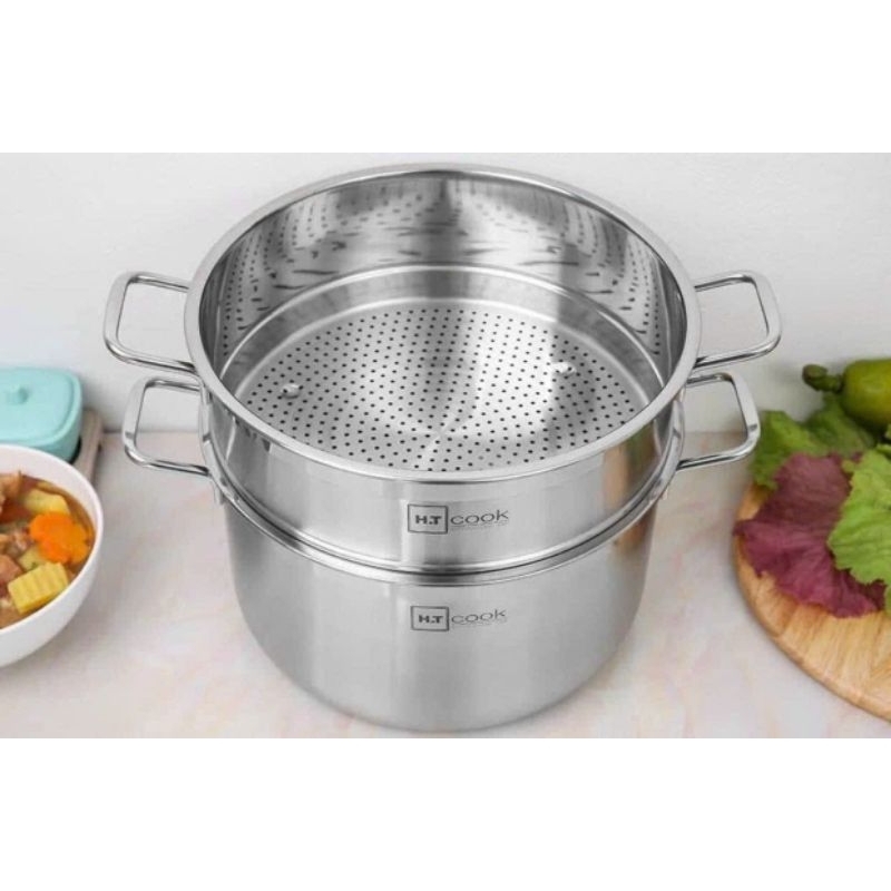 Bộ nồi và xửng hấp inox 430 bếp từ 1 đáy HT COOK 28cm nắp kính dùng được bếp từ - bảo hành 1 tháng luôn