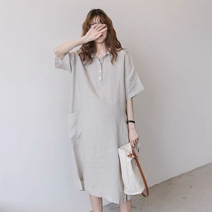 Đầm suông linen form rộng cổ sơ mi 2 túi ốp sườn không kén dáng mặc ArcticHunter, thời trang phong cách trẻ