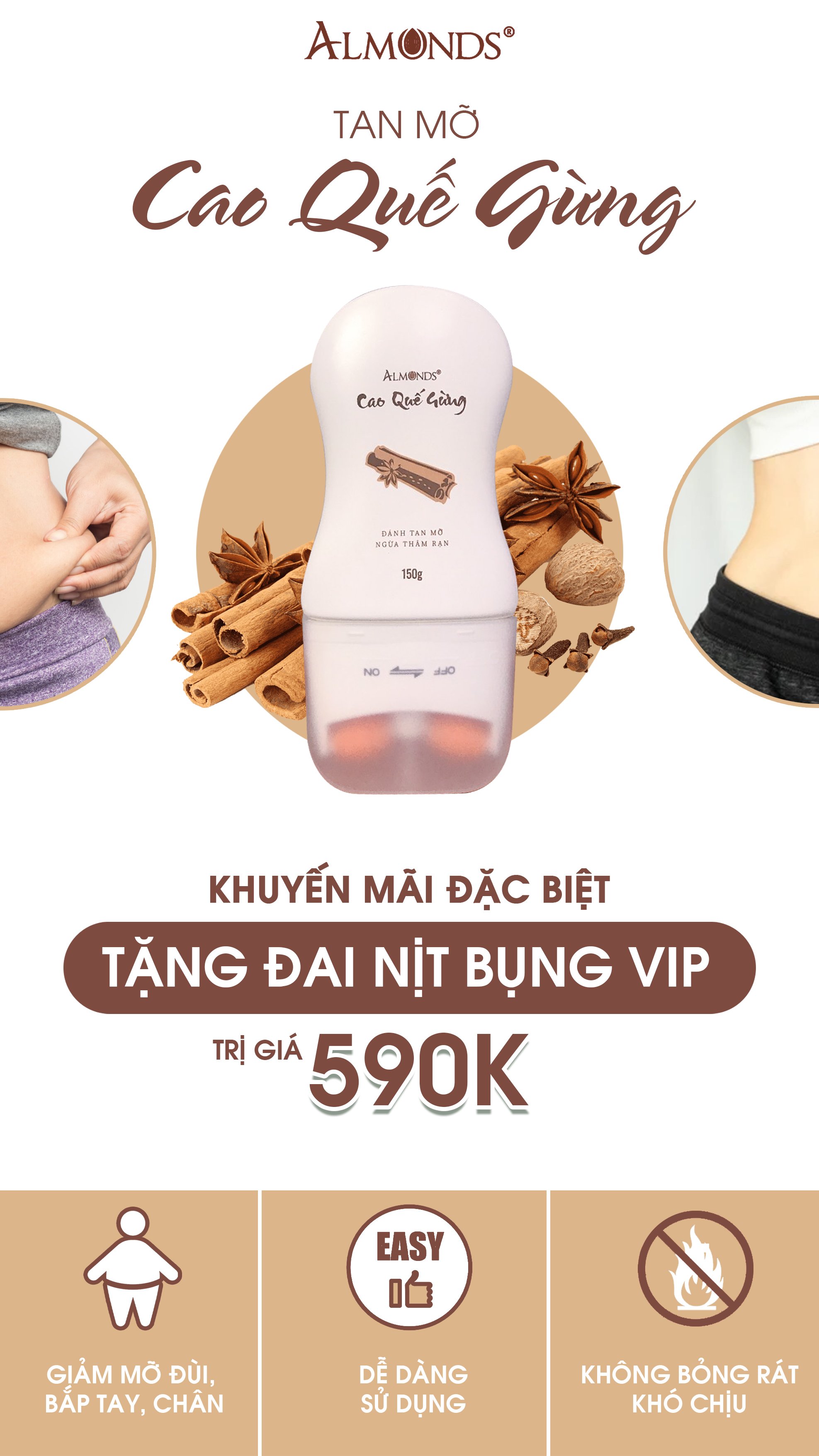 Cao quế rừng tan mỡ bụng Almonds 150g- tặng đai nịt bụng