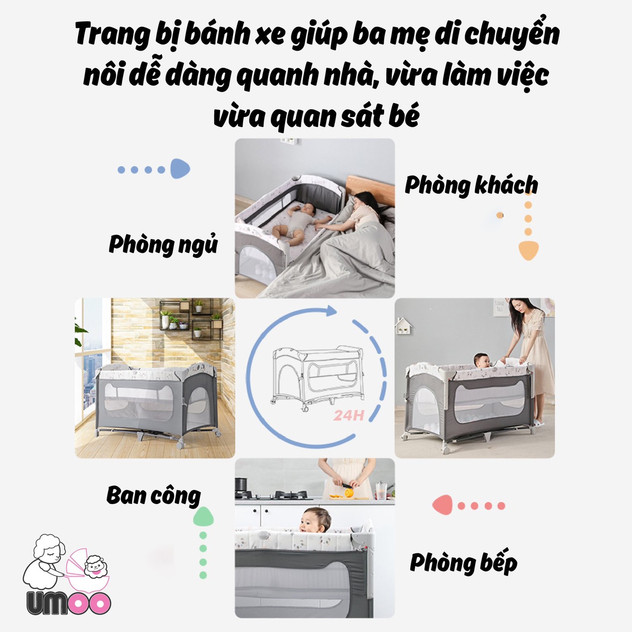 Nôi cũi vải gấp gọn đa năng umoo um-08108 chính hãng sang chảnh