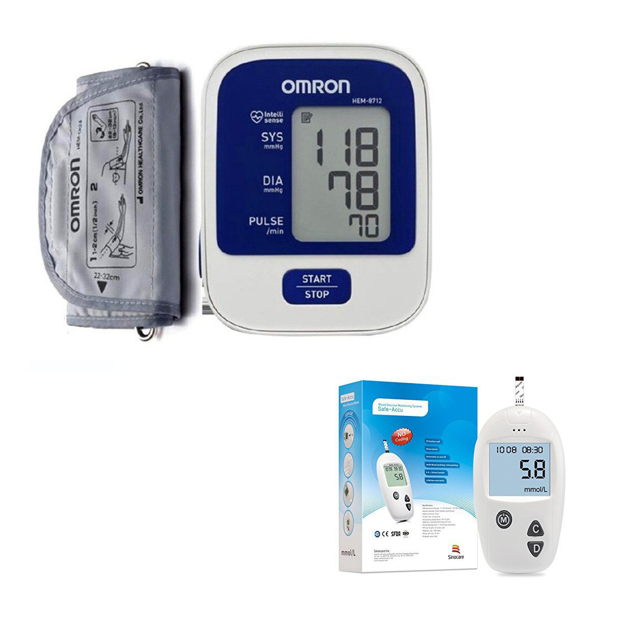 Máy đo huyết áp Omron Hem 8712+ Tặng máy đo đường huyết Safe-Accu