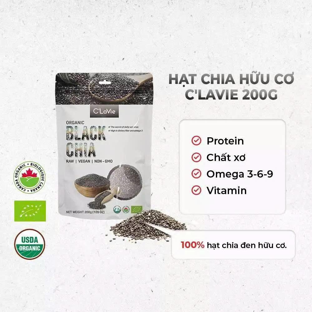 Hạt Chia Hữu Cơ C'lavie Gói 200g - Hạt Đều, Giàu Chất Xơ, Không Chứa Cholesterol
