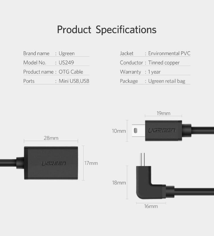 Ugreen UG50207US249TK 20CM màu Đen Cáp chuyển đổi MINI USB sang USB âm hỗ trợ OTG - HÀNG CHÍNH HÃNG