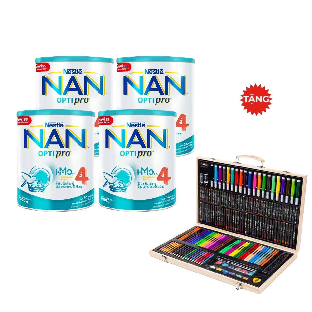 Combo 4 Lon Sữa Bột Nestlé NAN OPTIPRO HM-O 4 900g - Tặng 01 Bộ Bút Màu Đa Năng 180 cây