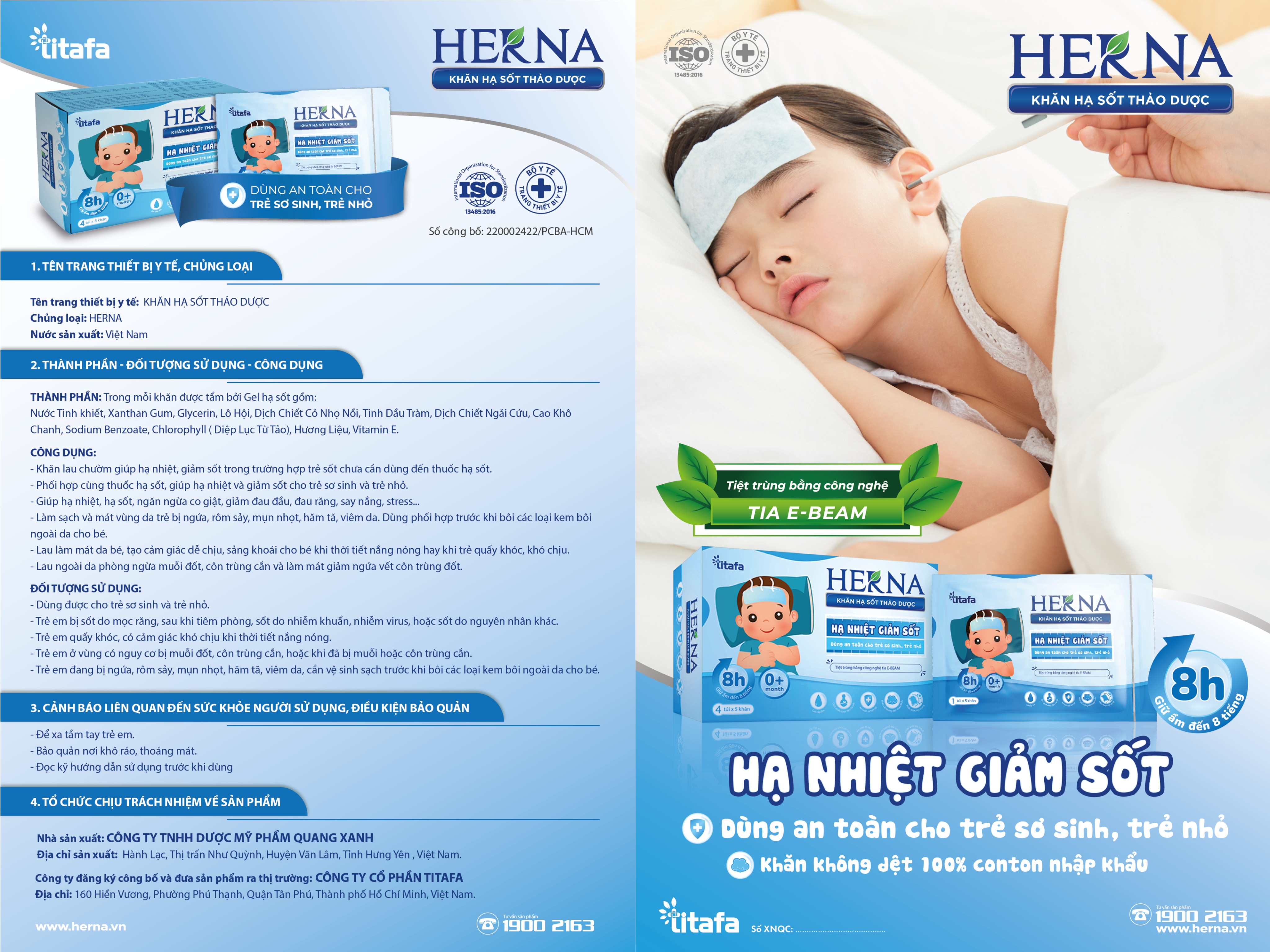 Khăn hạ sốt thảo dược Herna (20 khăn) - Giúp hạ sốt giảm nhiệt nhanh, an toàn cho bé