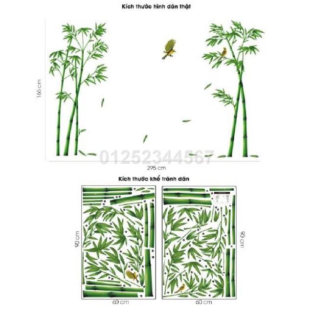 Decal dán tường combo 2 tranh tre xanh + cá và sen