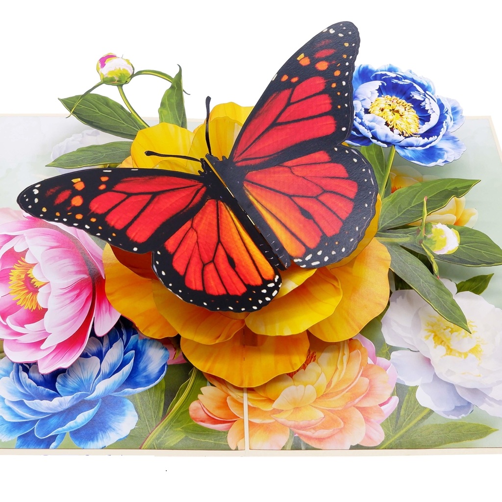 F61 -  Thiệp 3D Bươm Bướm Đỏ &amp; Hoa Mẫu Đơn – Pop Up Card Viethands Giftshop
