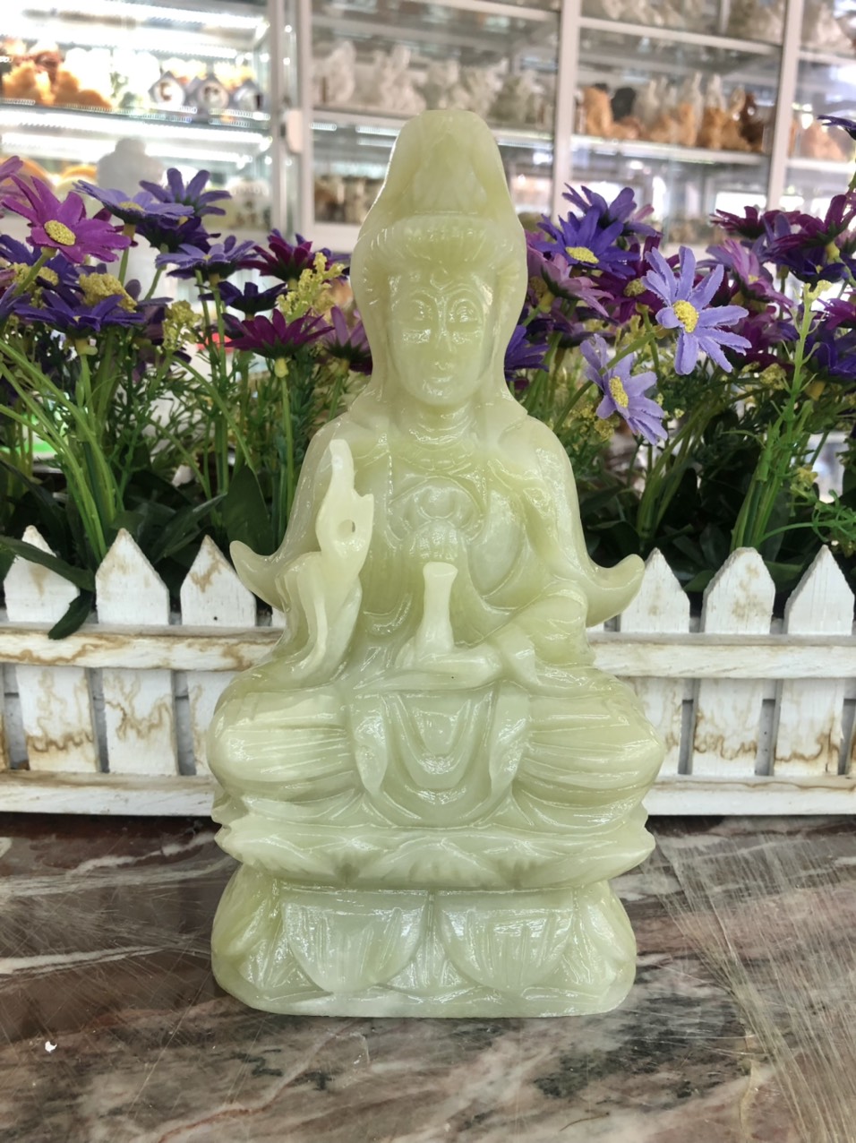 Tượng Phật Bà Quan Âm ngồi đài sen đá ngọc Onyx - Cao 20 cm