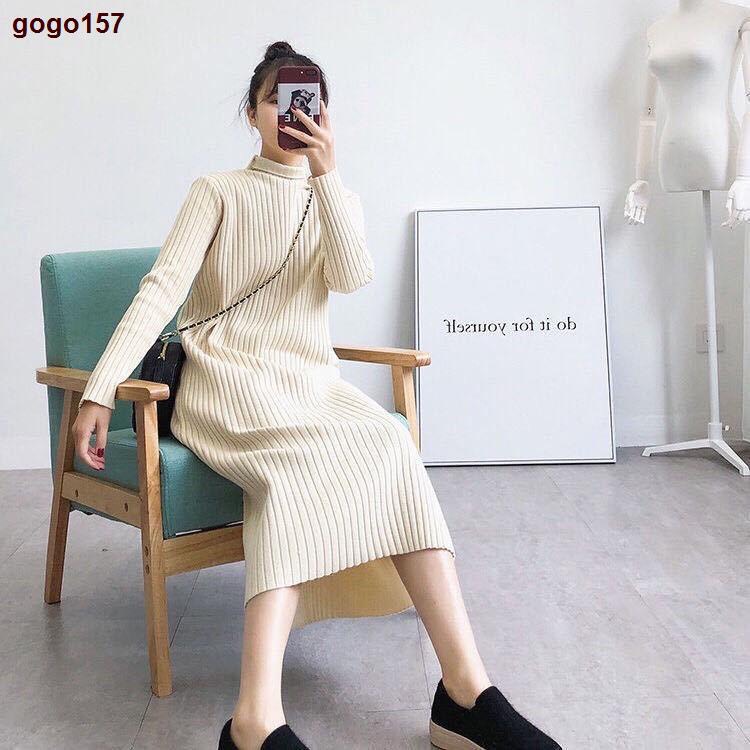 Váy len suông dài tay cổ lọ, đầm dáng dài thu đông vải len gân to hàng quảng châu mềm mại