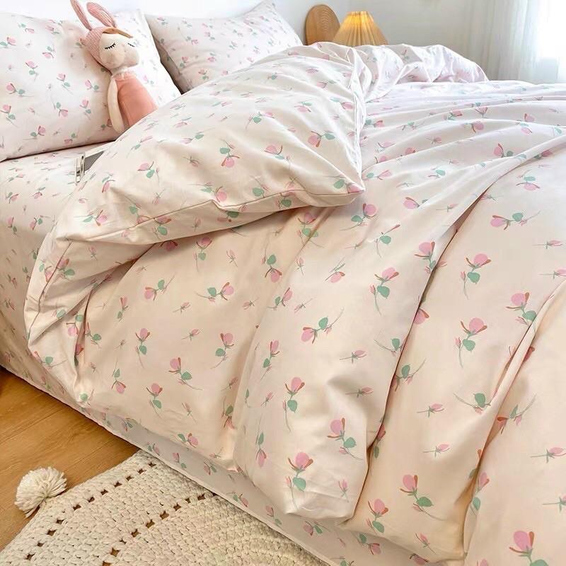 Set Cotton Living 100%cotton Hàng Nhập Khẩu Cao Cấp 4 Món Hoa Nhí Hồng Vintage