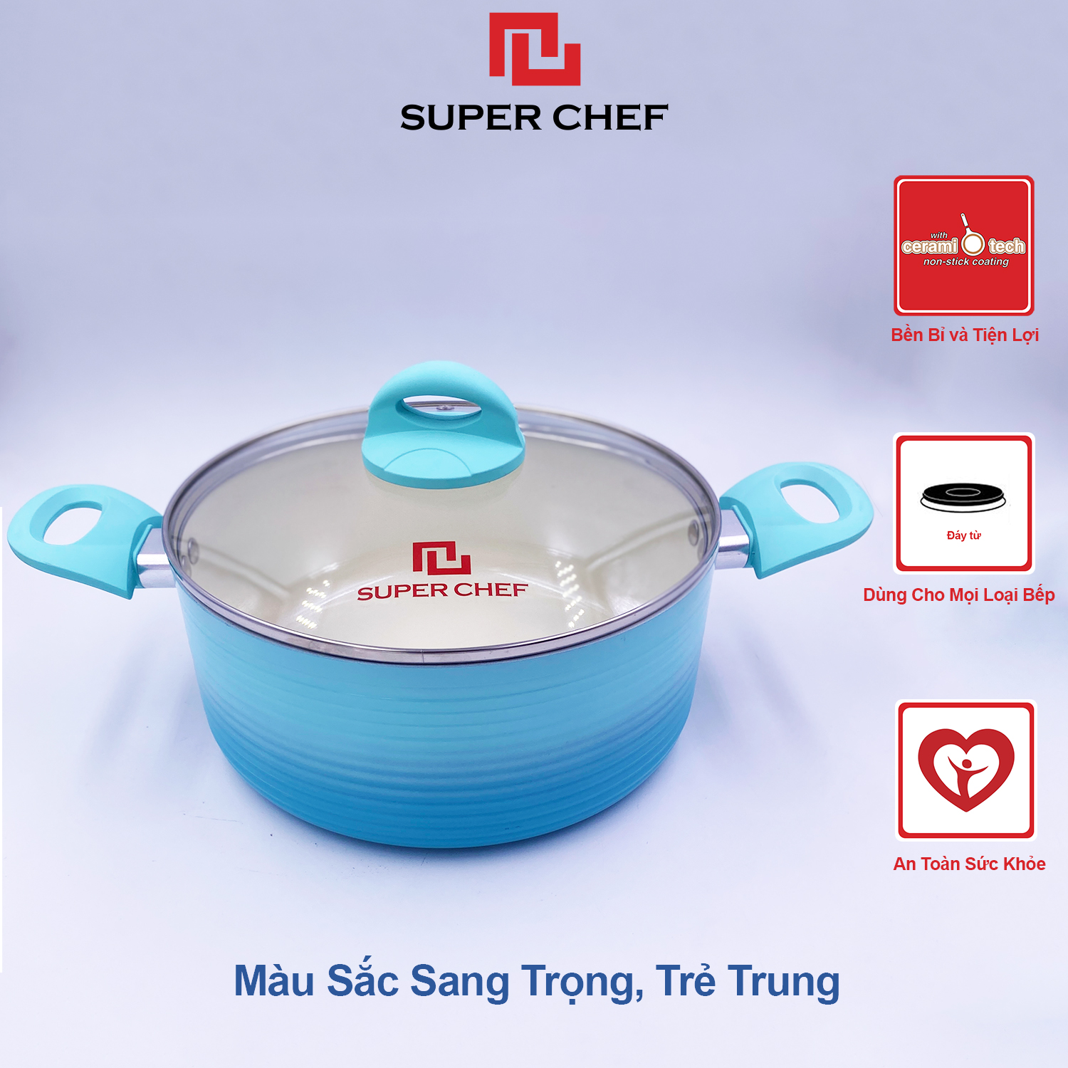 Nồi Chống Dính Ceramic Đáy Từ Cao Cấp Chef Blue Thiết Kế Mới, An Toàn Sức Khỏe, Siêu Bền Bỉ Không Bong Tróc, Hạn Chế Trầy Xước
