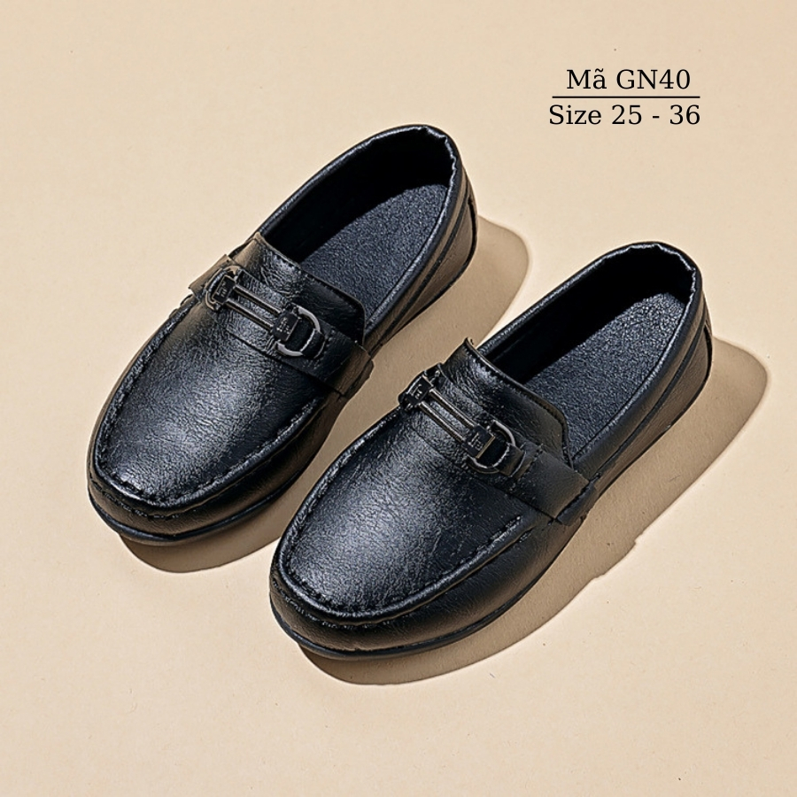 Giày lười bé trai, giày Moca màu đen/trắng trẻ em học sinh nam 2 - 8 tuổi mặc vest đi tiệc phong cách sang trọng lịch sự NHÍM SHOP GN40