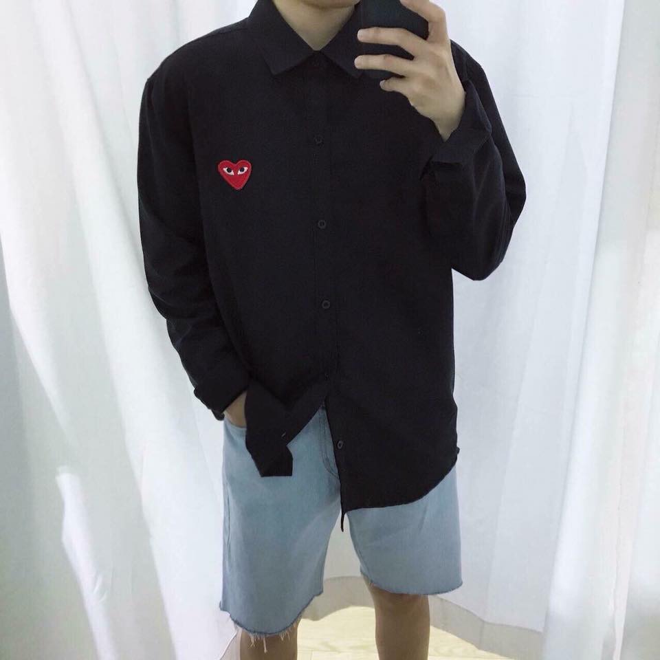 Sơ Mi Đen Dáng Rộng Unisex Thêu Tim Đỏ Tay Dài - MM