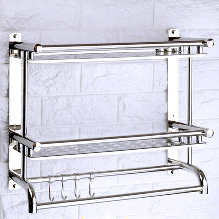 Kệ inox, giá inox dán tường 2 tầng có móc treo 60cm RE0161