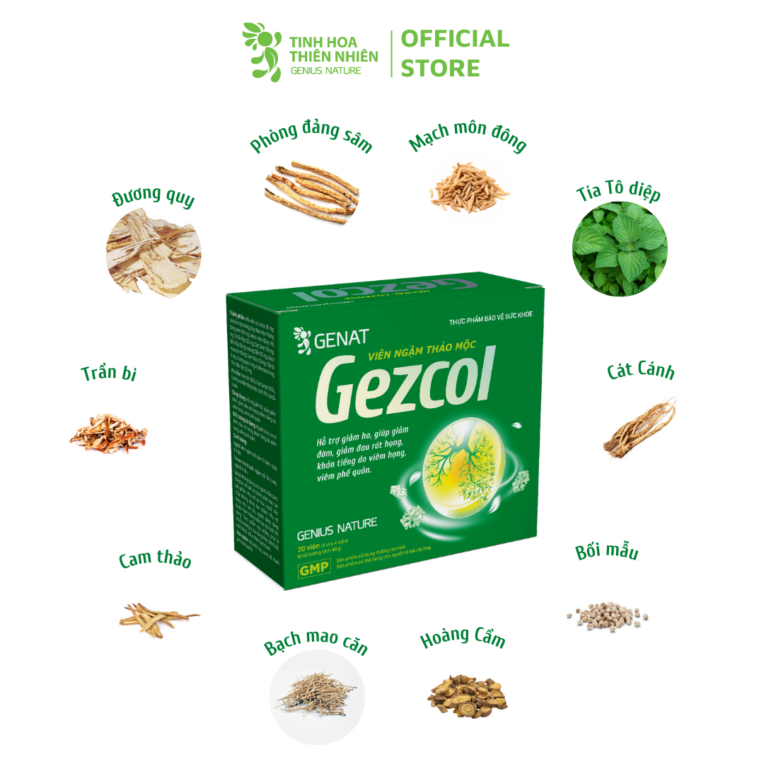 Viên ngậm thảo mộc Gezcol Hỗ trợ giảm ho, giảm đờm, giảm đau rát họng, khản tiếng - Genat