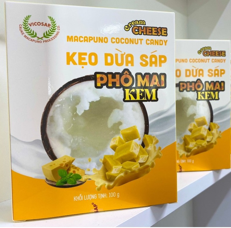 Kẹo dừa sáp VICOSAP vị phô mai kem kẹo mềm dẻo ít đường đặc sản Trà Vinh hộp 100g