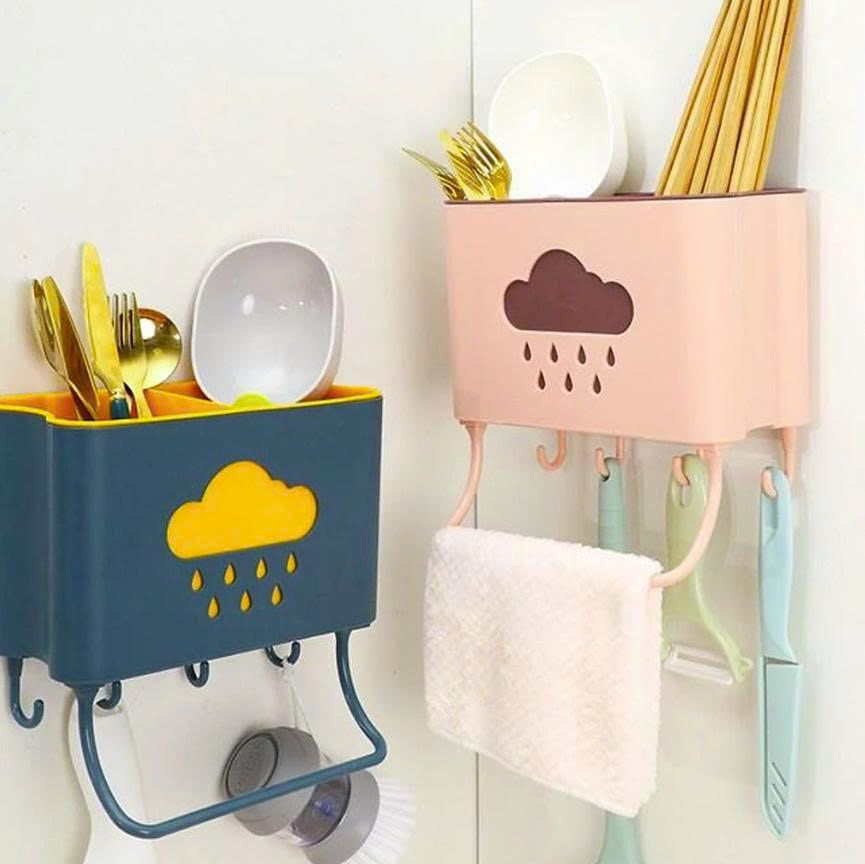 Hộp đựng đũa muỗng treo tường kèm móc treo khăn và dụng cụ bếp, ống đựng đũa muỗng hình đám mây