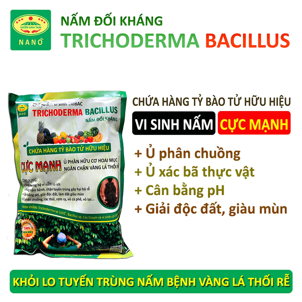 Combo 1 gói Chế phẩm EM gốc và 1kg Nấm đối kháng Trichoderma TRIBAC. Ủ phân cá, rác bã hữu cơ hoai mục nhanh không mùi hôi. Ngăn chặn nấm bệnh gây thối rễ vàng lá