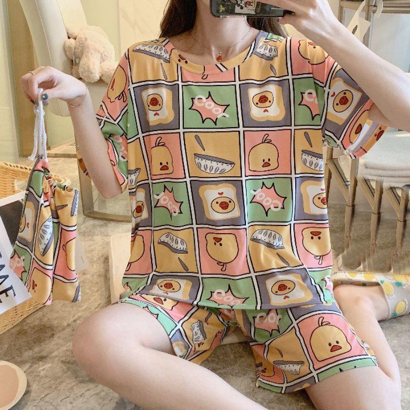Bộ đồ ngủ ngắn tay dáng rộng in họa tiết hoạt hình xinh xắn thoải mái dành cho nữ