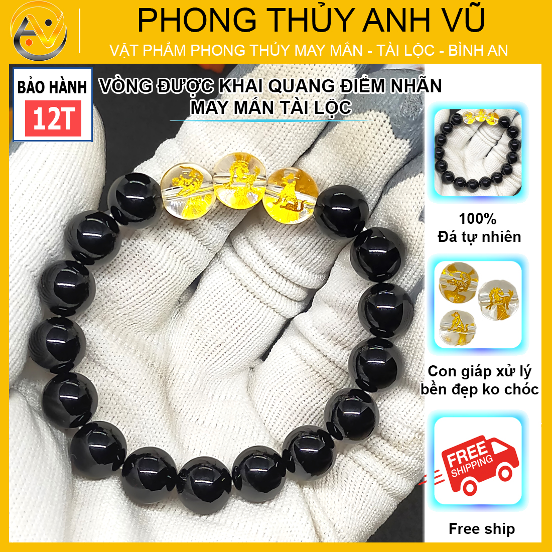 Vòng tay mã não đen tam hợp dần ngọ tuất - size 8 10 12ly cho người mệnh thủy, mệnh mộc - có khai quang điểm nhãn may mắn tài lộc - bảo hành 12 tháng - PHONG THỦY ANH VŨ