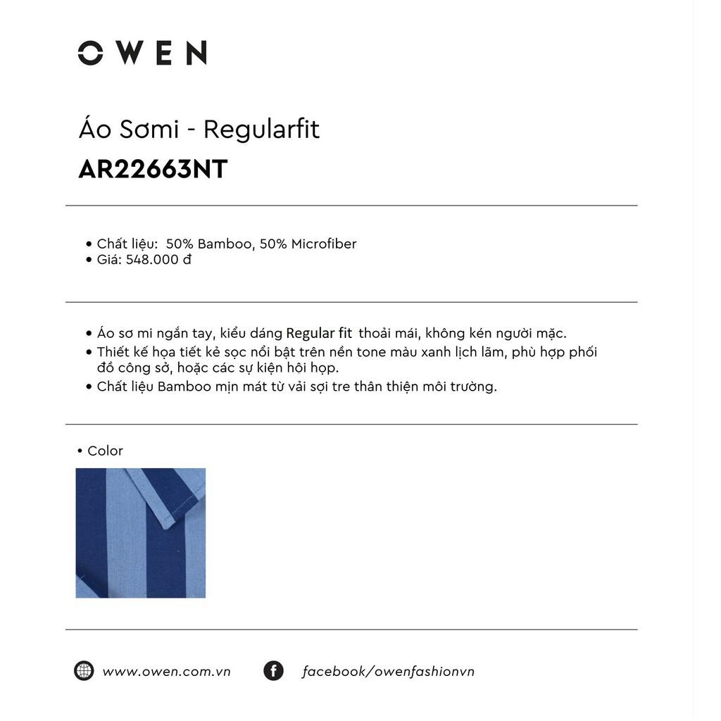 OWEN - Áo sơ mi ngắn tay Owen Regular fit chất sợi tre kẻ sọc xanh 22663