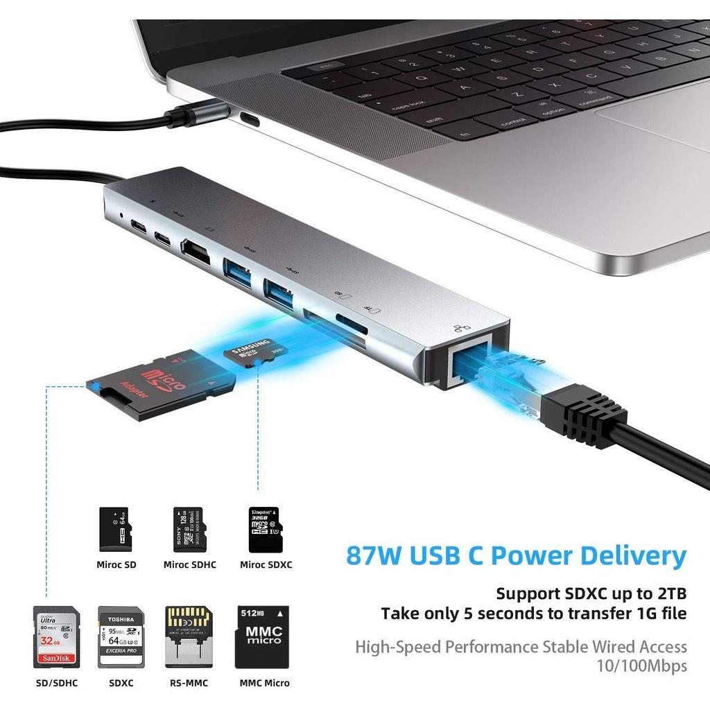 Bộ Chia Nhiều Cổng USB-C 3.0 4K HDMI RJ45 8 Trong 1 Cho Macbook Pro iPad Samsung TV