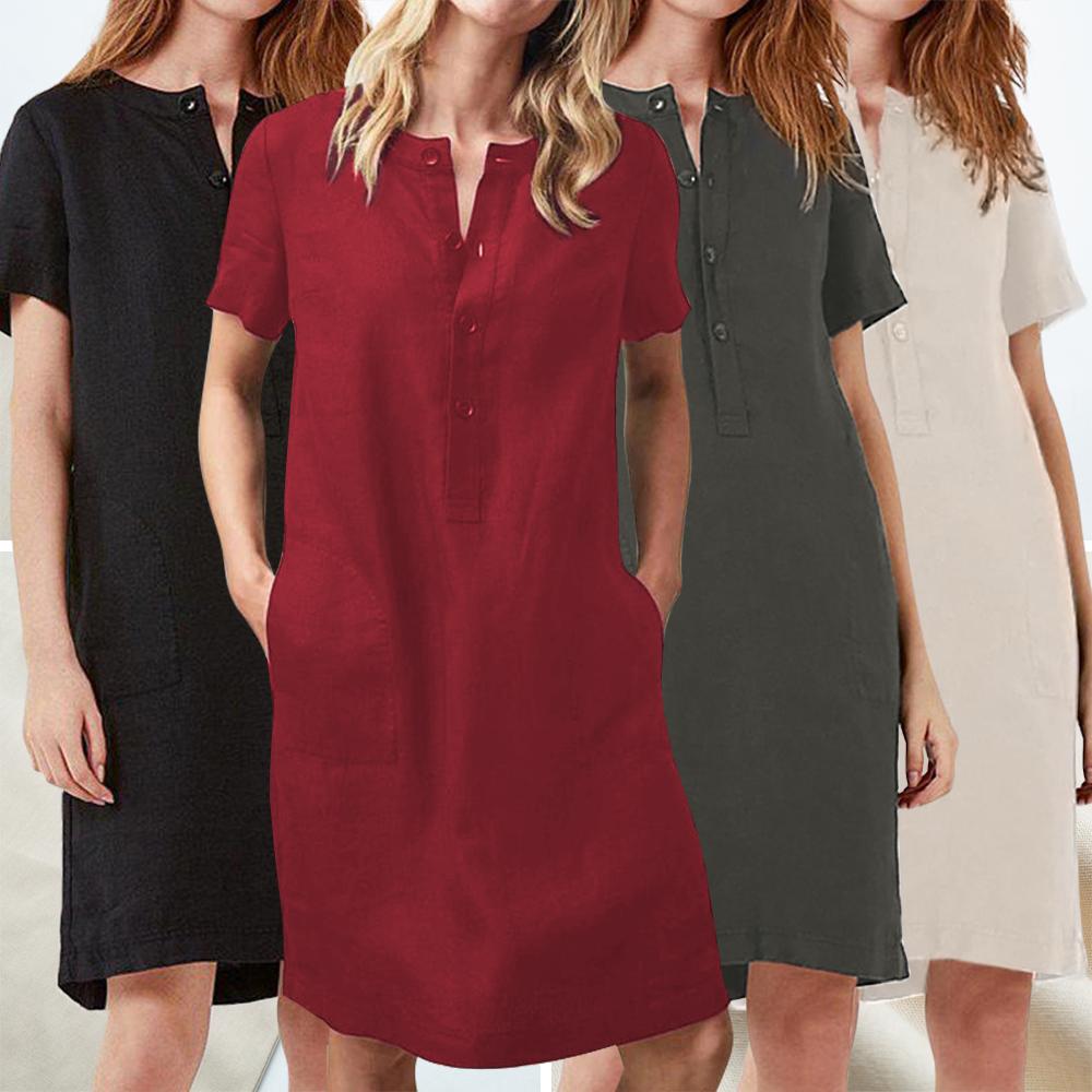 Women Linen Cotton Dress Straight Midi Dress with Button Pockets Short Sleeve Solid Plus-Size Spring Summer Casual